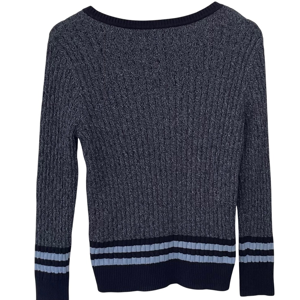 Karen Scott V-Neck Striped Cuff Sweater Blue Ribbed Knit Cotton Blend Top Size M - Picture 3 of 8